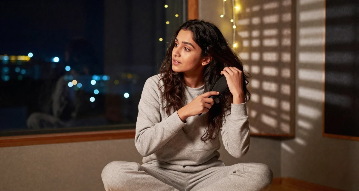 A fascinated Female From Nepal, based in Pokhara, graduated from a local college majoring in entrepreneurship in their 20, capturing every moment for the aesthetic, wearing a comfortable lounge wear set, brushing hair back in a music recording studio.