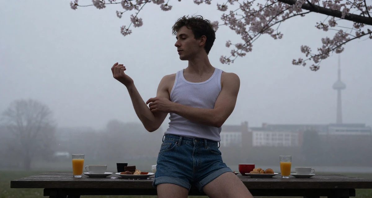 A dreamy male From Germany, studied industrial design at a technical college in their 24, choosing props that elevate sensual tension, wearing a fitted ribbed tank top and high-waisted denim shorts, adjusting sleeves in a breakfast nook.