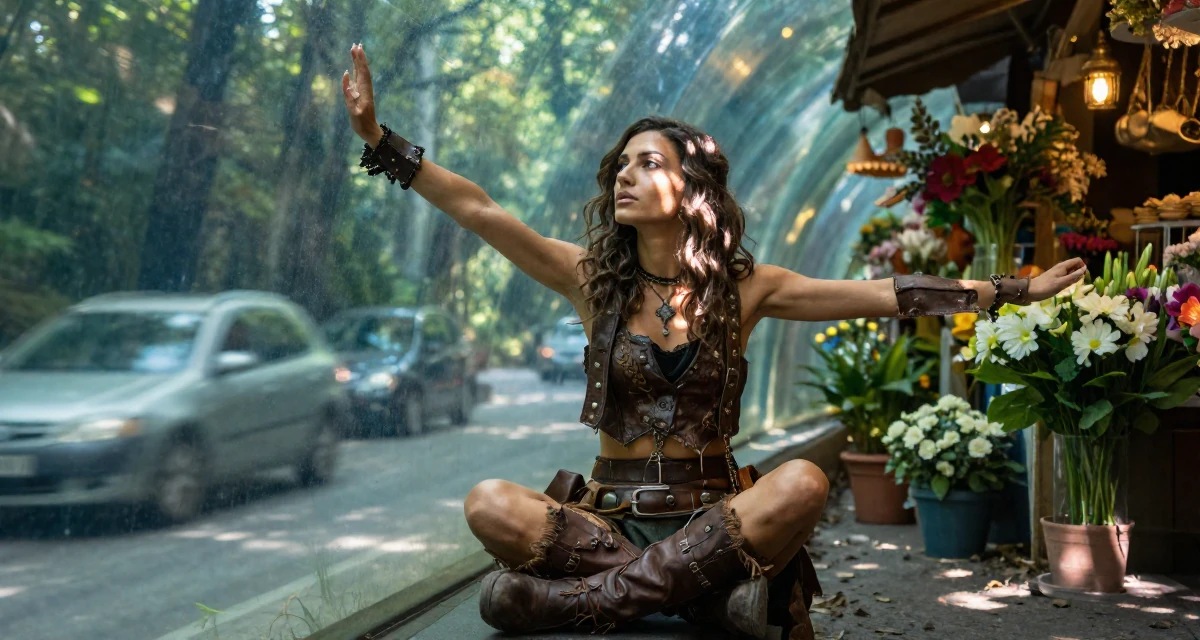 A enigmatic Female From Turkey, majored in mechatronics in their 25, figuring out social roles and self-image, wearing a post-apocalyptic scavenger outfit with distressed leather, stretching arms after waking in a aquarium tunnel.