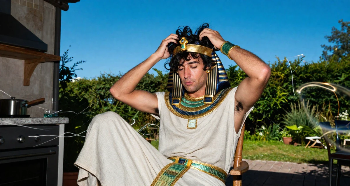 A soulful male From Copenhagen Denmark, majored in architecture in their 24, understanding long-term consequences of choices, wearing a egyptian queen costume with gold collar and linen, messing up hair playfully in a rustic kitchen.