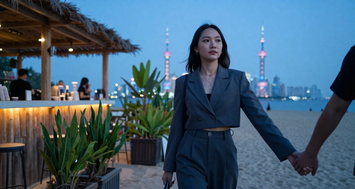 A cold and distant Female From Indonesia, majored in visual communication in their 33, building a supportive online community, wearing a cropped blazer and high-waisted trousers set, holding hands with someone unseen in a beach bar.