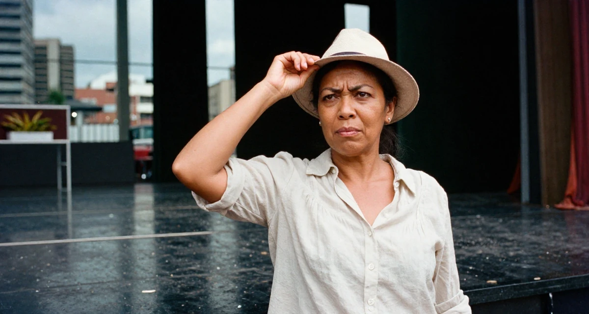 A intimidating Female From Rwanda, majored in social innovation in their 50, exploring semi-retirement options, wearing a lightweight chiffon blouse slightly unbuttoned, adjusting a hat in a theater stage.