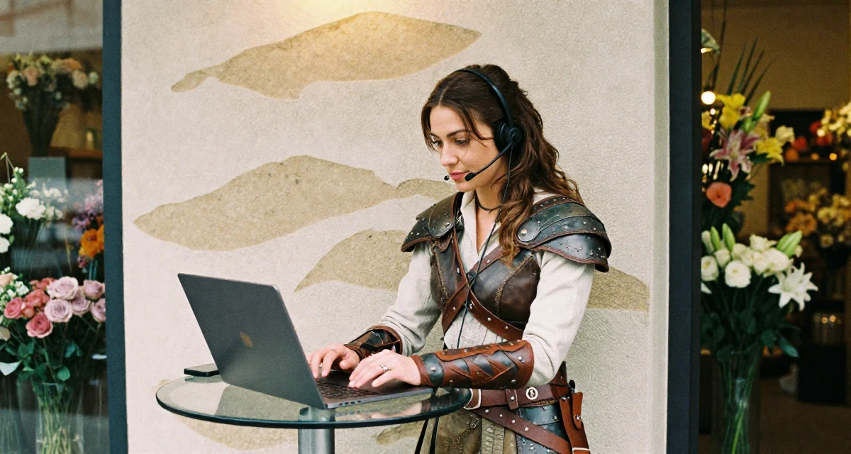 A nostalgic Female Former call-center worker, now crafting confidence-centric creator content in their 30, embracing a new level of self-assurance, wearing a fantasy elven archer outfit with leather armor details, typing on a laptop in a flower shop entrance.