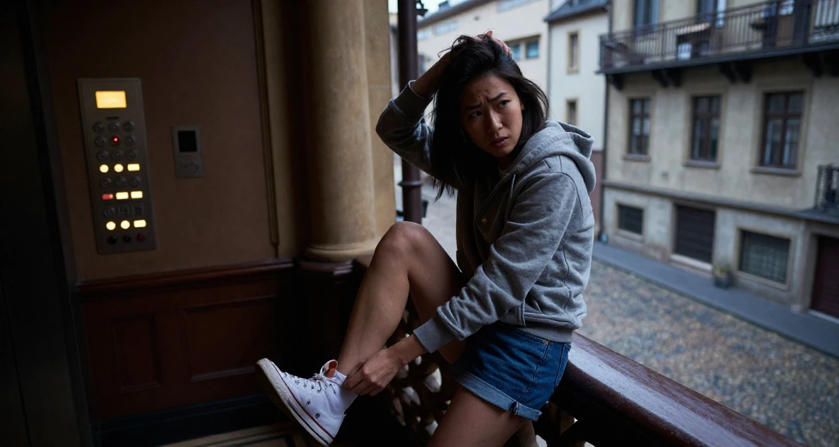 A intense and captivating Female From Japan, studied early childhood education in their 23, seeking career clarity through trial and error, wearing a casual hoodie and denim shorts, brushing hair back in a opera house balcony.