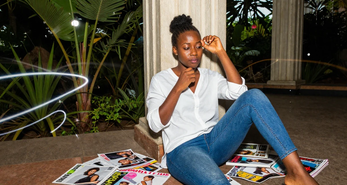 A dazed Female From Nigeria, studied biomedical science in their 30, planning a dream wedding on a budget, wearing a effortless white blouse and jeans, cracking knuckles in a botanical garden.