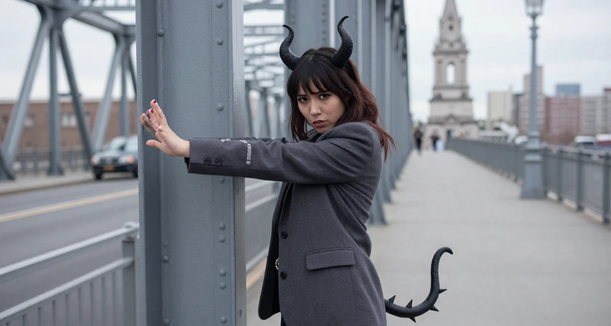 A playful Female From New York USA, learned editorial posing through fashion internships in their 22, wearing an ill-fitting blazer and looking nervous, wearing a demon girl outfit with horns and a spiked tail, stretching arms after waking in a bridge walkway.