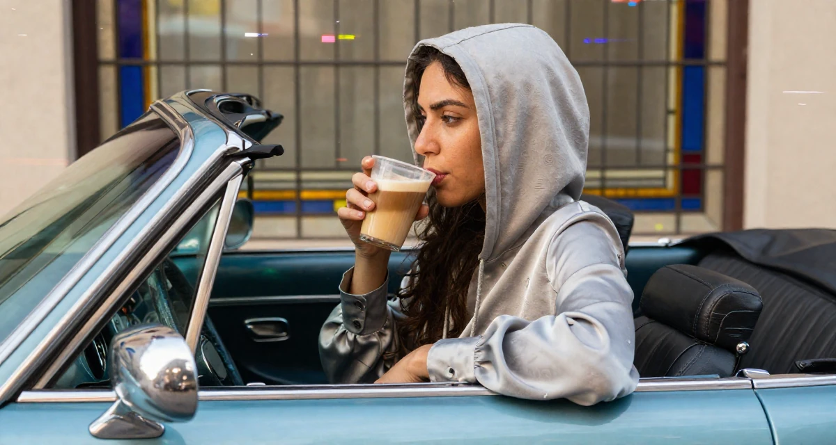 A thoughtful Female From Jamaica, studied event management in their 20, wearing a hoodie and looking sleep-deprived, wearing a silk blouse with oversized cuffs, sipping a latte in a vintage convertible car.