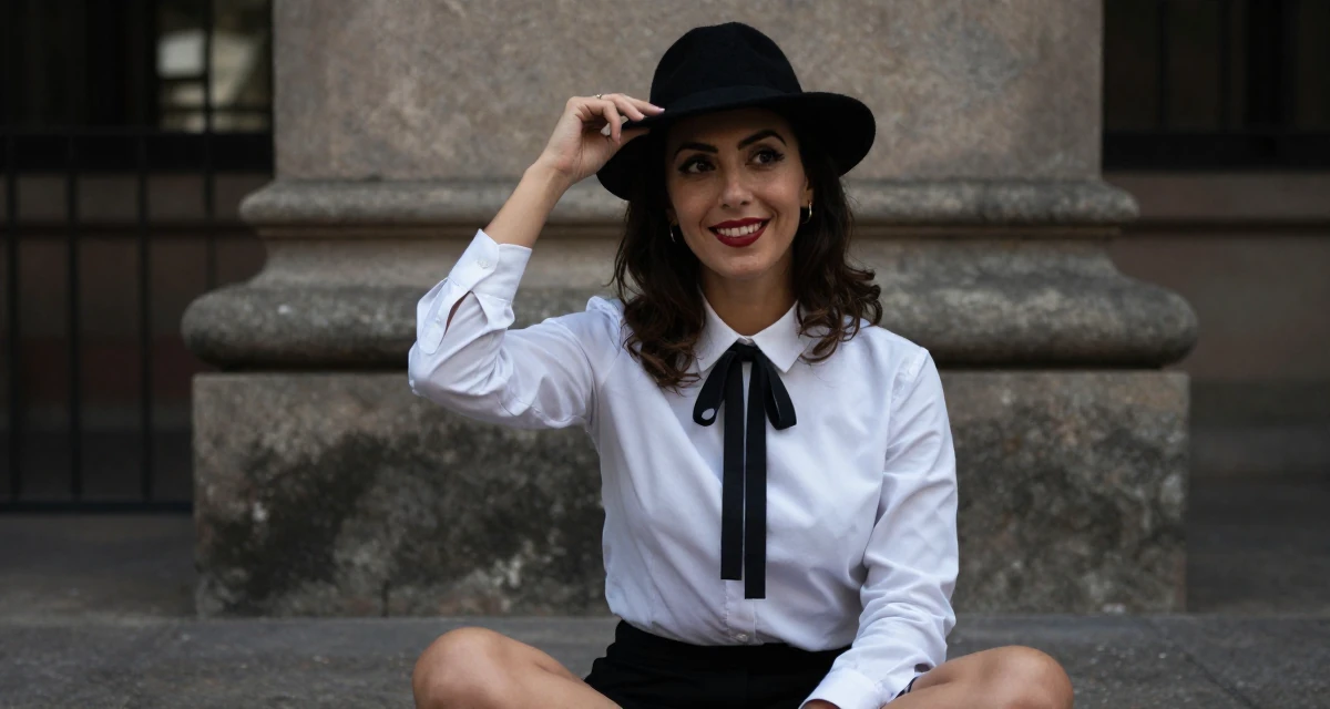 A cheerful Female From Buenos Aires Argentina, trained in tango and partner flow in their 27, questioning long-term sustainability of creator life, wearing a white shirt with a black ribbon tie, tipping a hat in a university campus.