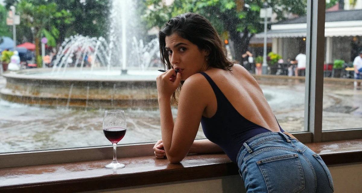 A seriously concentrated Female From the Philippines, based in Davao, graduated from a communication program majoring in fan engagement dynamics in their 24, leaning into confidence as a form of creative expression, wearing a open-back bodysuit with vintage denim jeans, chewing on a pen thoughtlessly in a rainy window seat.