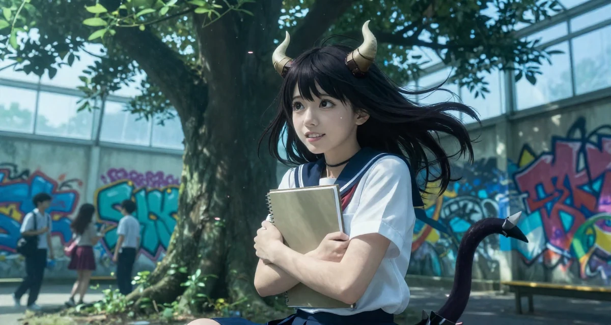 A bright and optimistic Female From Japan, majored in animation in their 25, worrying about being judged by classmates, wearing a demon girl outfit with horns and a spiked tail, holding a notebook in a greenhouse interior.
