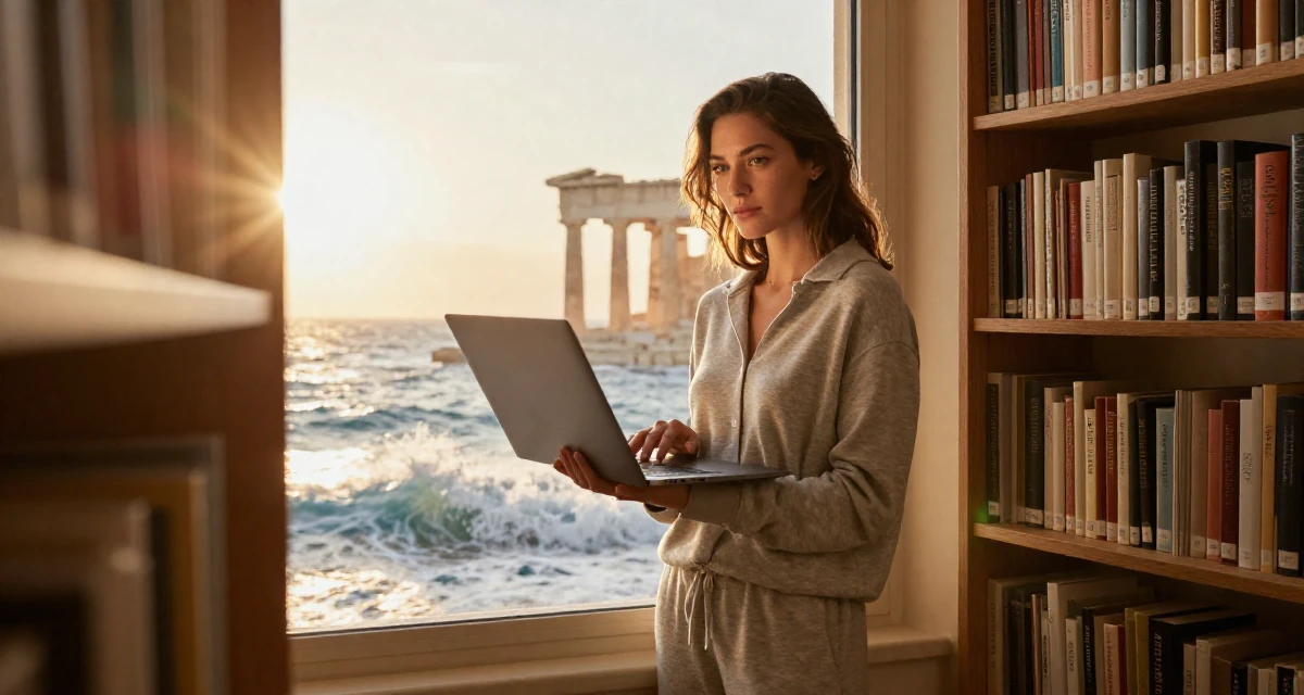 A aloof but intriguing Female From Lyon France, studied fashion marketing in their 20, working a chaotic part-time job, wearing a comfortable lounge wear set, holding a laptop in a quiet library corner.