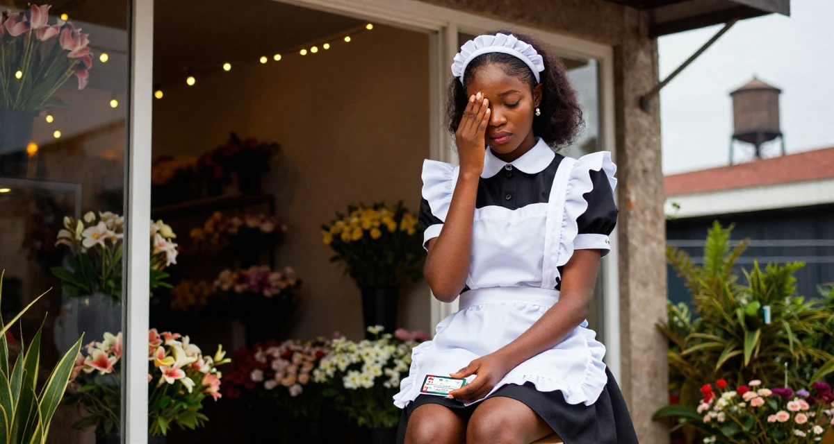 A elegant Female From Nigeria, majored in business communication in their 20, heartbroken over a summer romance, wearing a maid outfit with a white apron and ruffled headband, holding a subway card in a flower shop entrance.