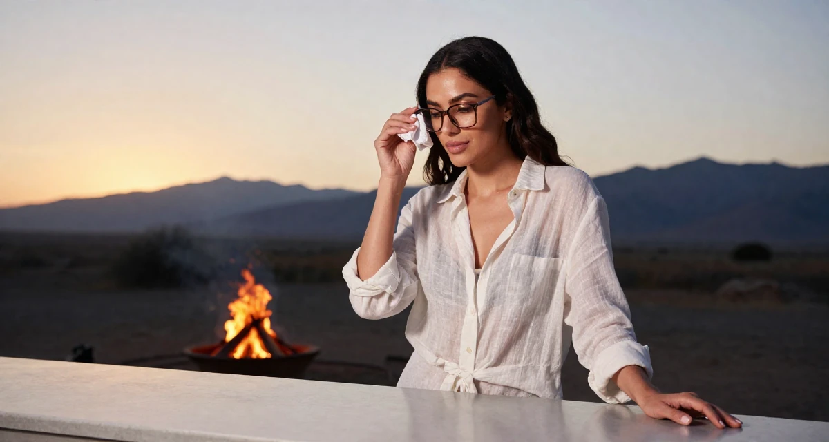 A composed Female From Arabic-speaking world, studied international logistics in their 32, managing high-stakes projects with calm, wearing a translucent linen shirt worn over a swimsuit, cleaning glasses with a cloth in a campfire circle.