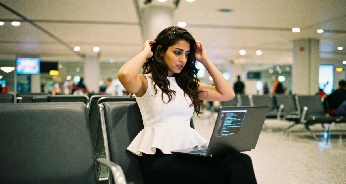 A mysterious Female Raised in Pakistan, majored in mass communication in their 25, experimenting with playful photos that boost confidence, wearing a white peplum top and skinny black trousers, adjusting a hairpin in a airport departure lounge.
