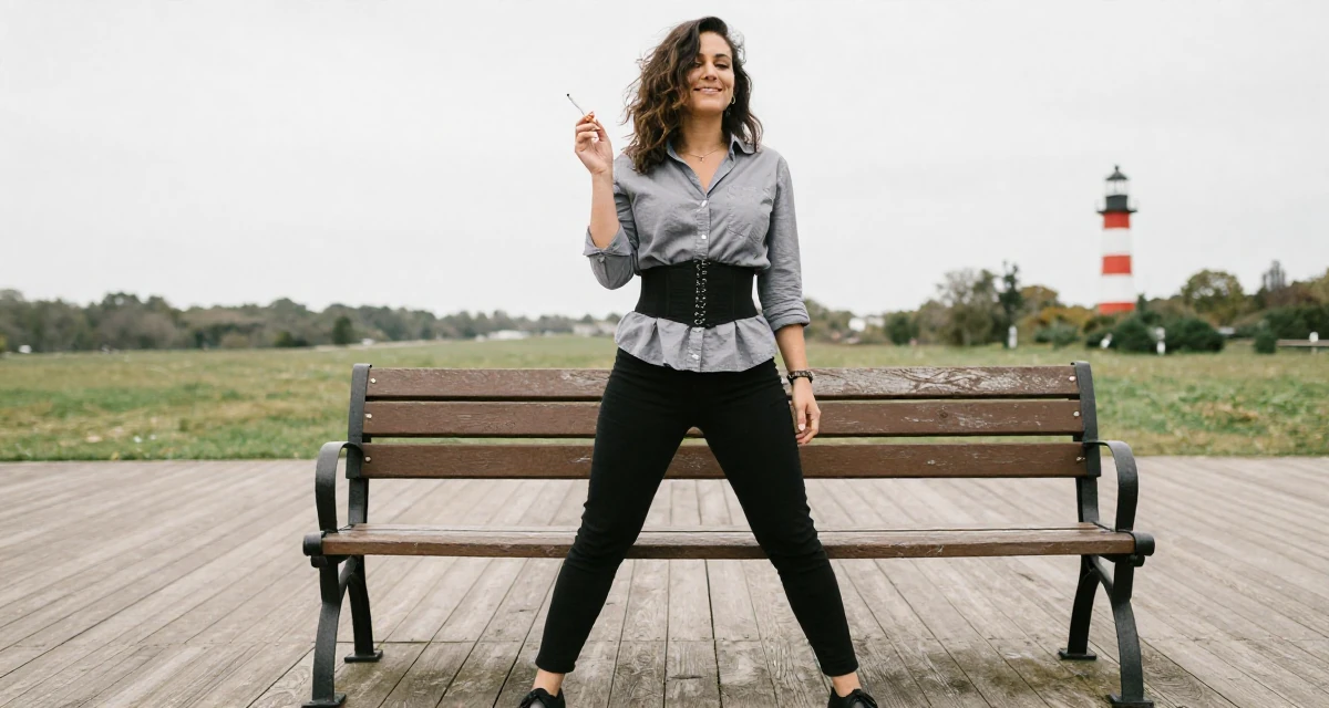 A satisfied Female Former bakery assistant, now crafting sweet, soft-aesthetic creator vibes in their 33, building a supportive online community, wearing a button-up shirt with a corset belt and black pants, holding a cigarette (lit or unlit) in a park bench.