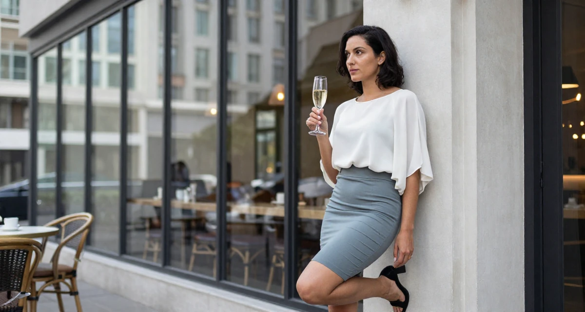 A determined Female Raised in Kenya, studied digital entrepreneurship in their 25, becoming more intentional with time and focus, wearing a tight pencil skirt and a loose chiffon top, holding a champagne glass in a coffee shop corner.