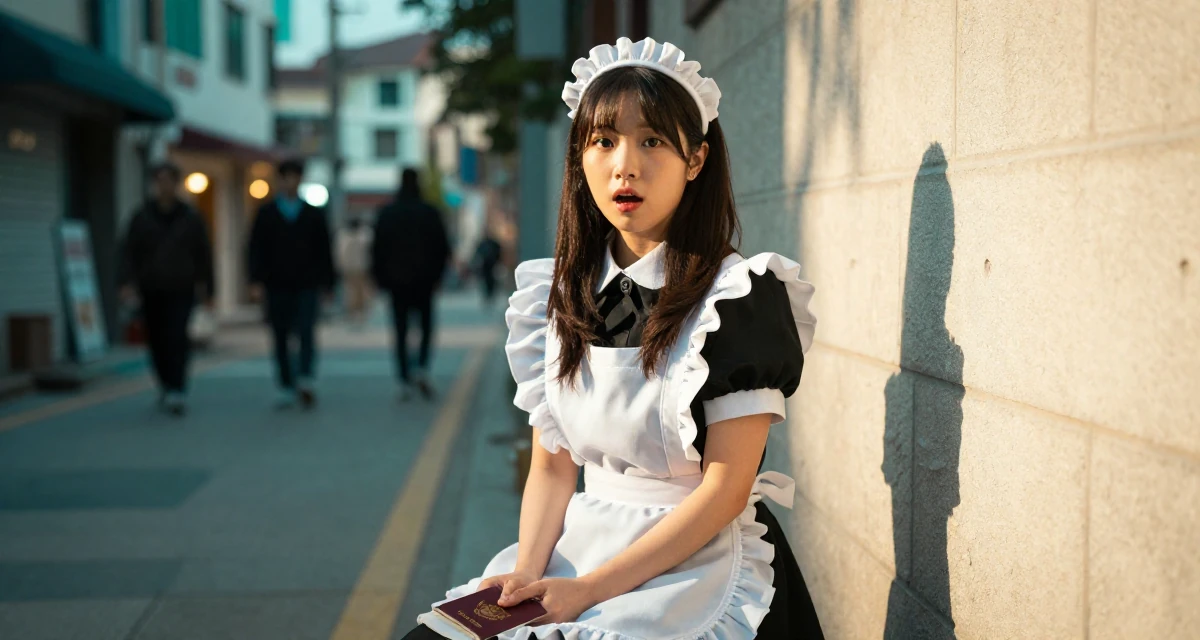 A surprised Female From Seoul South Korea, studied international relations in their 21, drifting between different friend groups, wearing a maid outfit with a white apron and ruffled headband, holding a passport in a quaint European street.