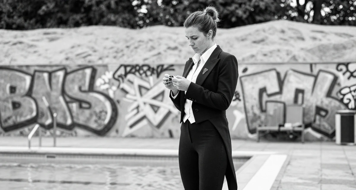 A bored Female From Switzerland, based in Geneva, graduated from a local university majoring in communication management in their 36, building a community for working moms, wearing a circus ringmaster outfit with a tailcoat, inspecting fingernails in a swimming pool.