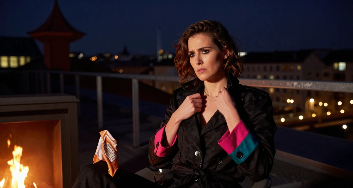 A troubled Female From Munich Germany, studied mechanical engineering in their 24, building a sensual brand with consistency, wearing a pop of color accessory look, fixing a collar in a bridge walkway.