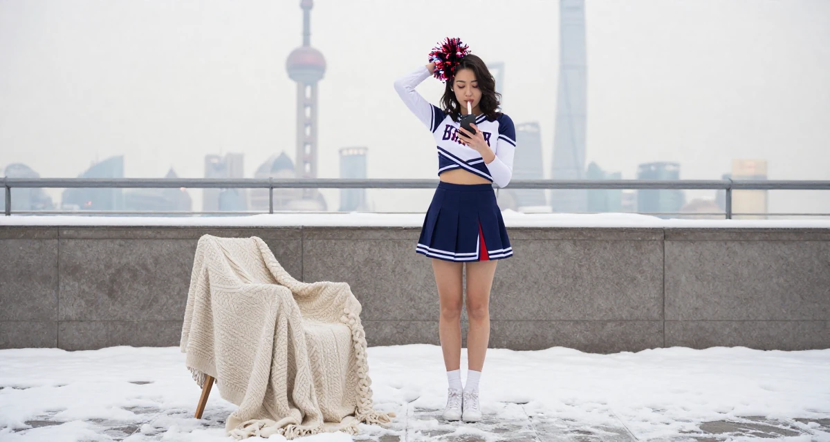 A charming Female From UK, studied fashion marketing in London in their 22, biting a lip while checking a phone, wearing a cheerleader uniform with a cropped top and pom-poms, scratching the head in confusion in a snowy sidewalk.