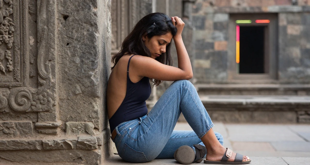 A solemn but kind Female Born in Nepal, studied urban planning in their 24, managing emotional ups and downs from online criticism, wearing a open-back bodysuit with vintage denim jeans, looking down at shoes in a ancient stone ruins.