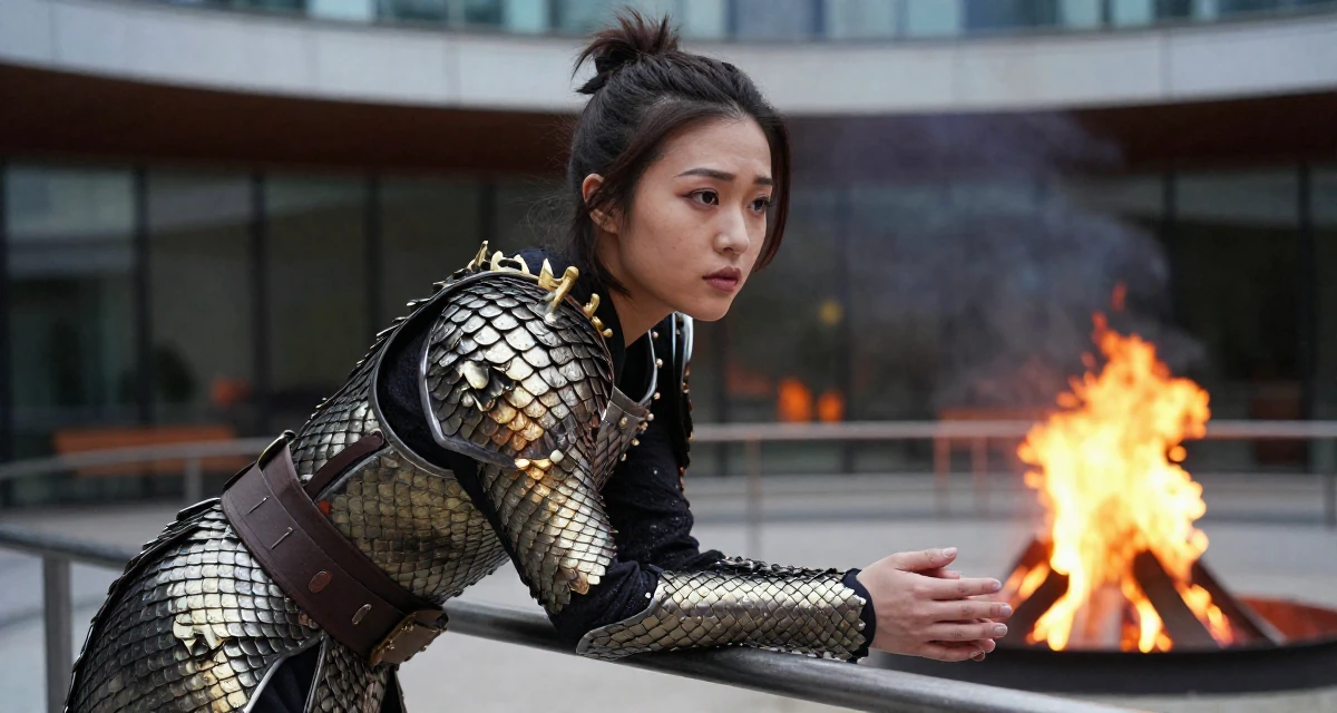 A aloof Female Once an art school dropout, now a self-taught creator with signature style in their 24, learning to work through emotional lows, wearing a dragon scale armor texture with metallic sheen, clasping hands together in a campfire circle.