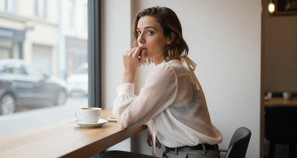 A focused and sharp Female From Belgium, studied film production in their 53, dealing with declining energy levels, wearing a sheer chiffon blouse with a bow tie neck and slacks, biting a lip thoughtfully in a coffee shop corner.