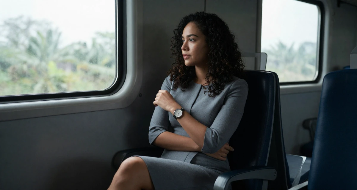 A dreaming Female From Thailand, studied hospitality management in their 29, solidifying professional reputation, wearing a sophisticated midi dress, adjusting sleeves in a train carriage.