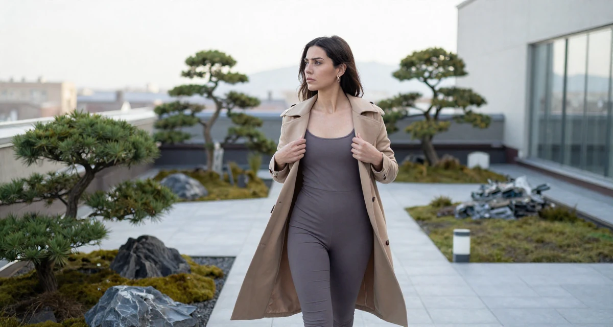 A unimpressed Female Raised in Kazakhstan, majored in global business in their 24, exploring side hustles to supplement income, wearing a fitted jumpsuit with an open back design, unbuttoning a coat in a rooftop garden.