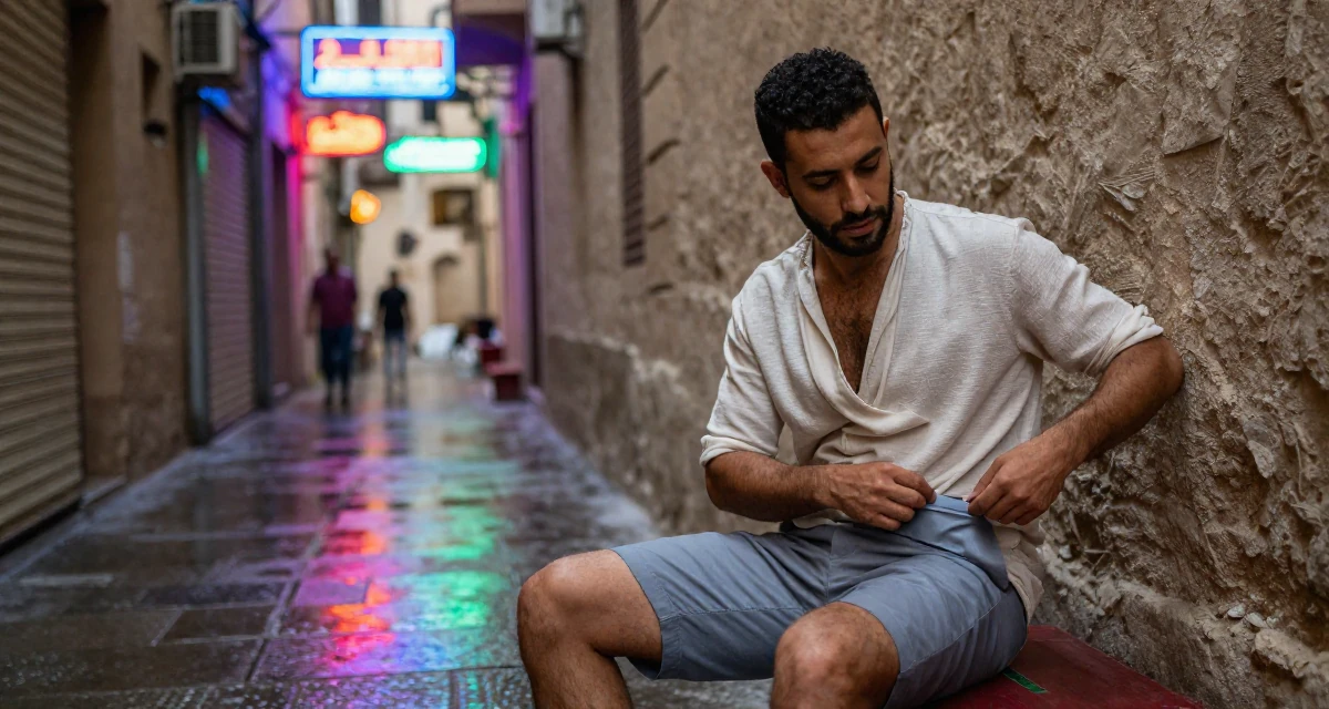 A pensive male From Cairo Egypt, studied anthropology in their 24, learning how to set boundaries in private messages, wearing a wrap-front blouse and tailored shorts, looking for something in a pocket in a neon-lit alleyway.