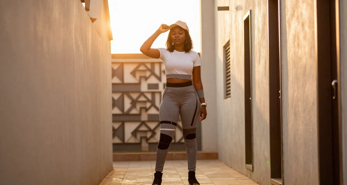 A zen-like Female From Nigeria, majored in business communication in their 28, saving aggressively for first home, wearing a modern tech-wear inspired look, tipping a hat in a narrow hallway.