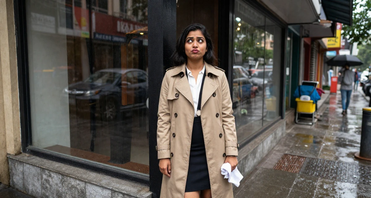 A whimsical Female From India, based in Bangalore, graduated from a technical institute majoring in information systems in their 31, enjoying the fruits of labor from the 20s, wearing a classic trench coat worn over a business dress, holding a gym towel in a rainy street corner.