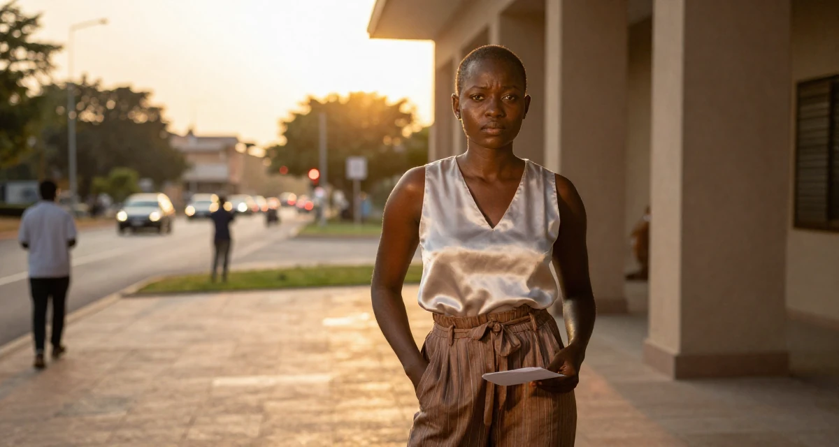 A wistful Female From Mali, majored in agricultural management in their 25, pretending confidence while filming take after take, wearing a sleeveless silk top and a high-waisted skirt, holding a piece of paper in a museum exhibit.