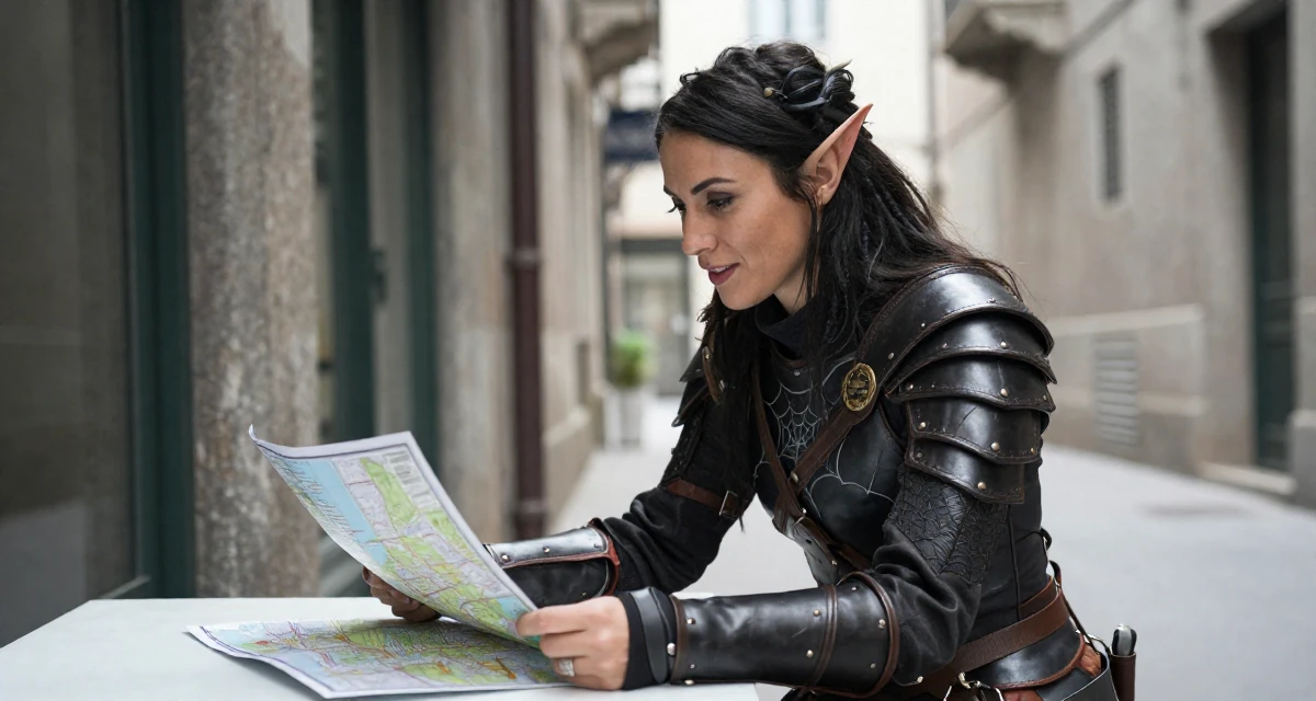 A magnetic Female Once a real-estate assistant, now a full-time self-portrait artist in their 25, recognizing the value of mentorship and guidance, wearing a dark elf leather armor with spiderweb motifs, looking at a map in a quiet alleyway.