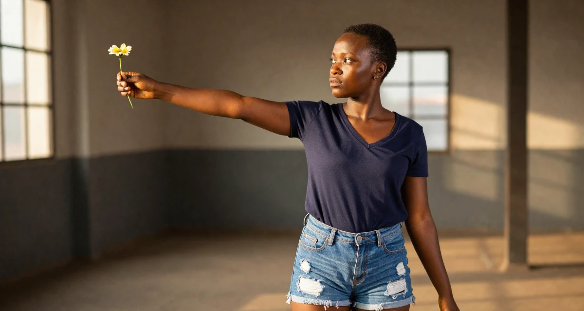 A reflective Female From Abuja Nigeria, studied public administration in their 30, planning adult responsibilities with unstable cash flow, wearing a deep v-neck t-shirt and distressed denim shorts, holding a flower in a industrial loft.