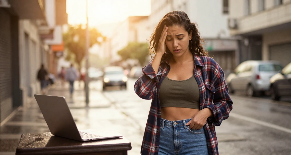 A stunned Female From Brazil, studied software engineering in their 28, dealing with fatigue from years of online performance, wearing a oversized flannel shirt unbuttoned over a crop top, fixing the hem of a skirt in a rainy street corner.