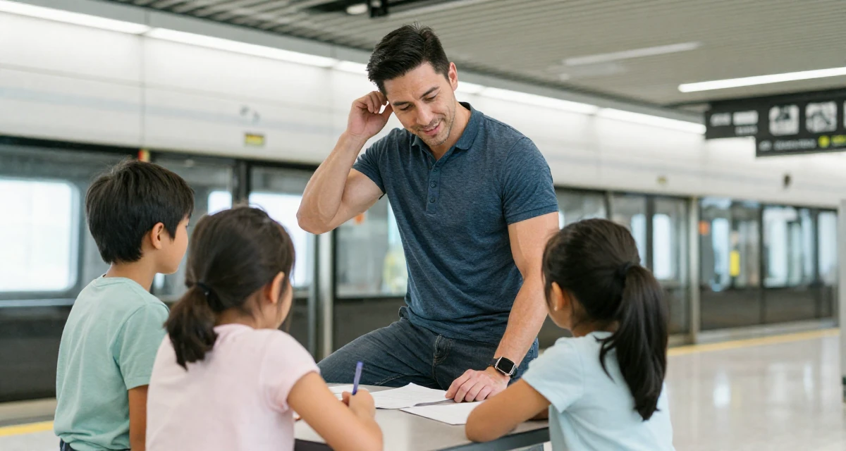 A harmonious male Former personal trainer, now documenting transformation journeys for fans in their 45, helping kids apply for college and empty nesting, wearing a modern casual lifestyle wear, tucking hair behind an ear in a subway station.