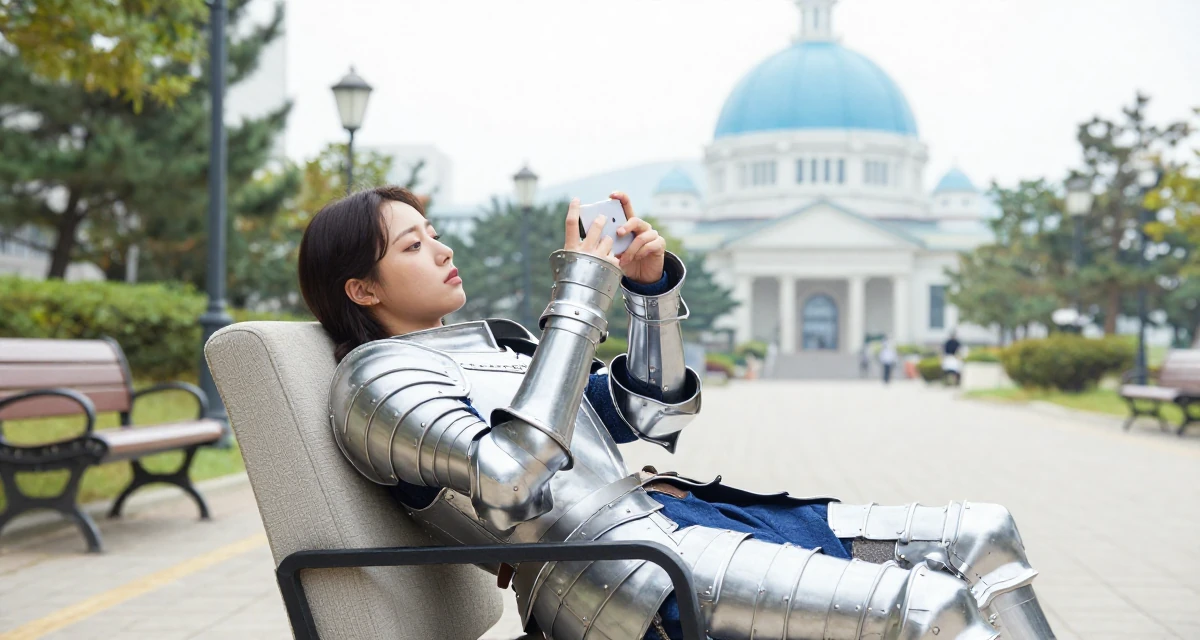 A tired Female From Busan South Korea, trained at a private dance academy in their 25, starting to understand fan psychology, wearing a fantasy warrior princess armor made of silver metal, snapping a photo with a phone in a university campus.