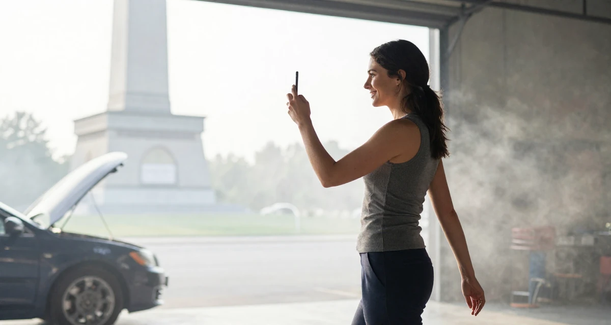 A expectant Female Former graphic design student, now using visuals for intimate storytelling in their 25, looking back at 21 with a wise smile, wearing a fitted vest top worn without a shirt underneath and slacks, snapping a photo with a phone in a mechanic garage.