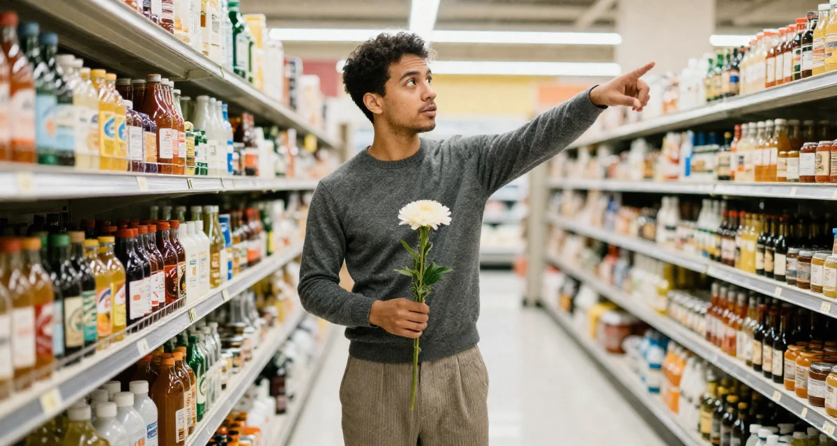 A curious male From USA, studied marketing and consumer behavior in their 25, deciding to start a business or bold project, wearing a relaxed fit pleated trousers, holding a flower in a supermarket aisle.