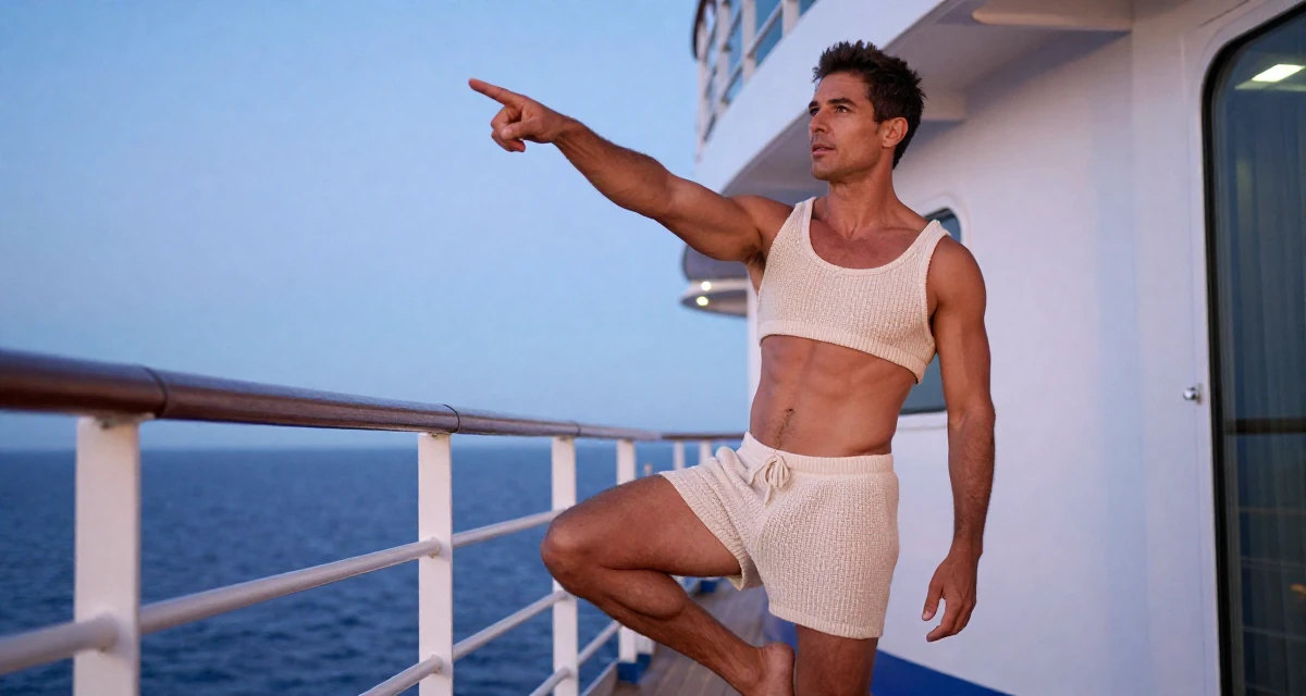 A vibrant male From Madrid Spain, studied sensual dance and camera presence in their 25, defining a mature, seductive but classy persona, wearing a knitted loungewear shorts and a matching tiny top, pointing at something nearby in a cruise ship deck.
