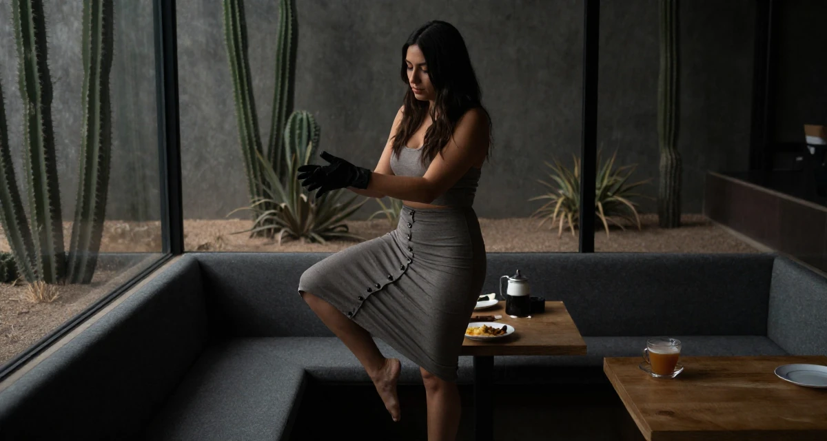 A poised Female From Mexico, studied cultural studies in their 23, seeking spiritual grounding amidst chaos, wearing a fitted midi skirt with buttons down the front, removing a glove in a breakfast nook.