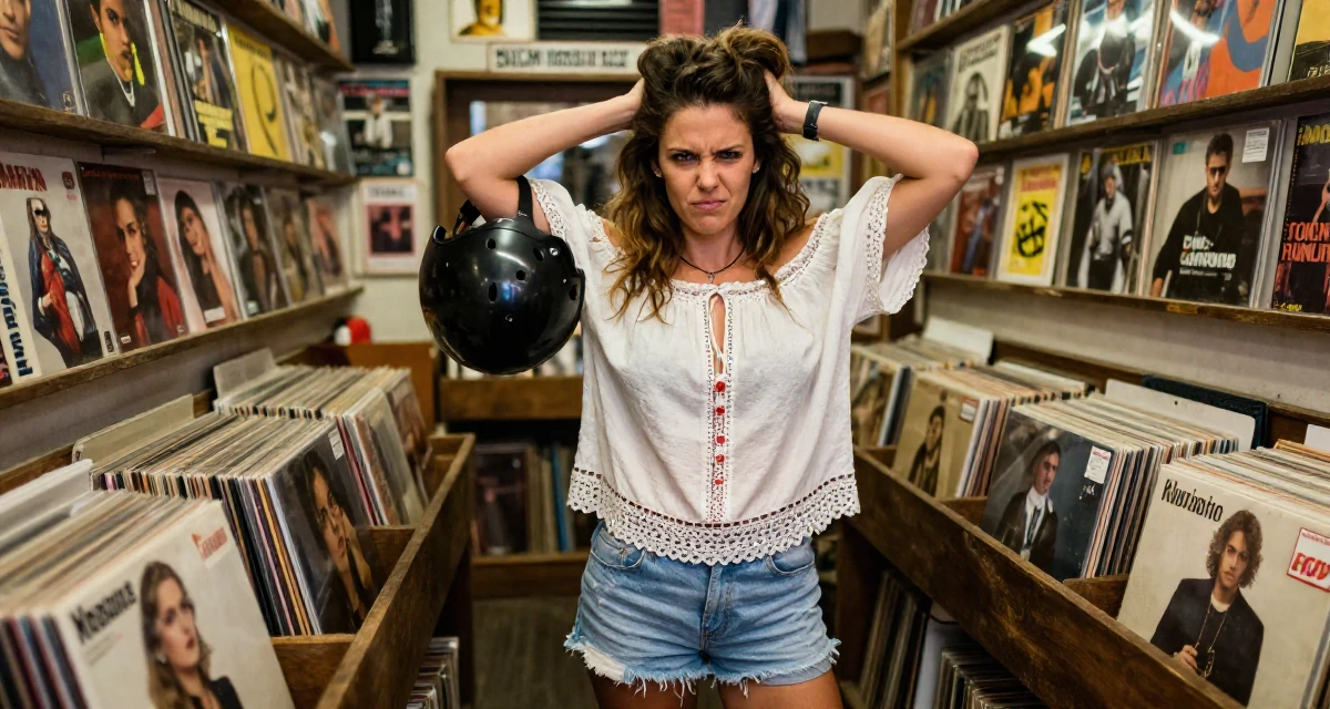 A rebellious Female Grew up in Australia, majored in digital communication in their 25, hiding early creator work from family and classmates, wearing a boho style off-shoulder peasant top and shorts, holding a helmet under one arm in a vintage record store.