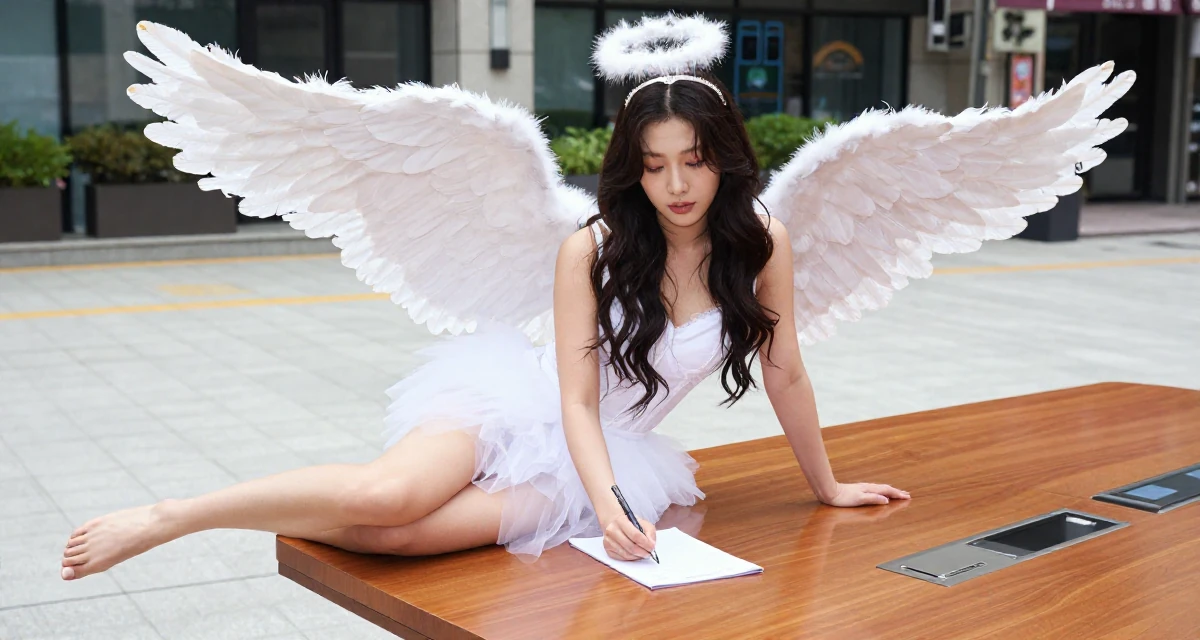 A sultry Female From Busan South Korea, trained at a private dance academy in their 22, embracing a “soft seductress” vibe in shoots, wearing a angel costume with large feathered wings and a halo, holding a pen poised to write in a pedestrian plaza.