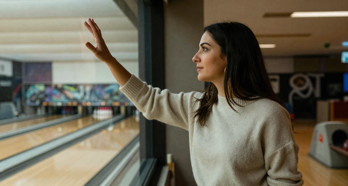 A quietly confident Female From Córdoba Argentina, studied emotional storytelling in photography in their 24, reinvesting earnings in better lighting and props, wearing a soft cashmere sweater look, looking out the window in a bowling alley.