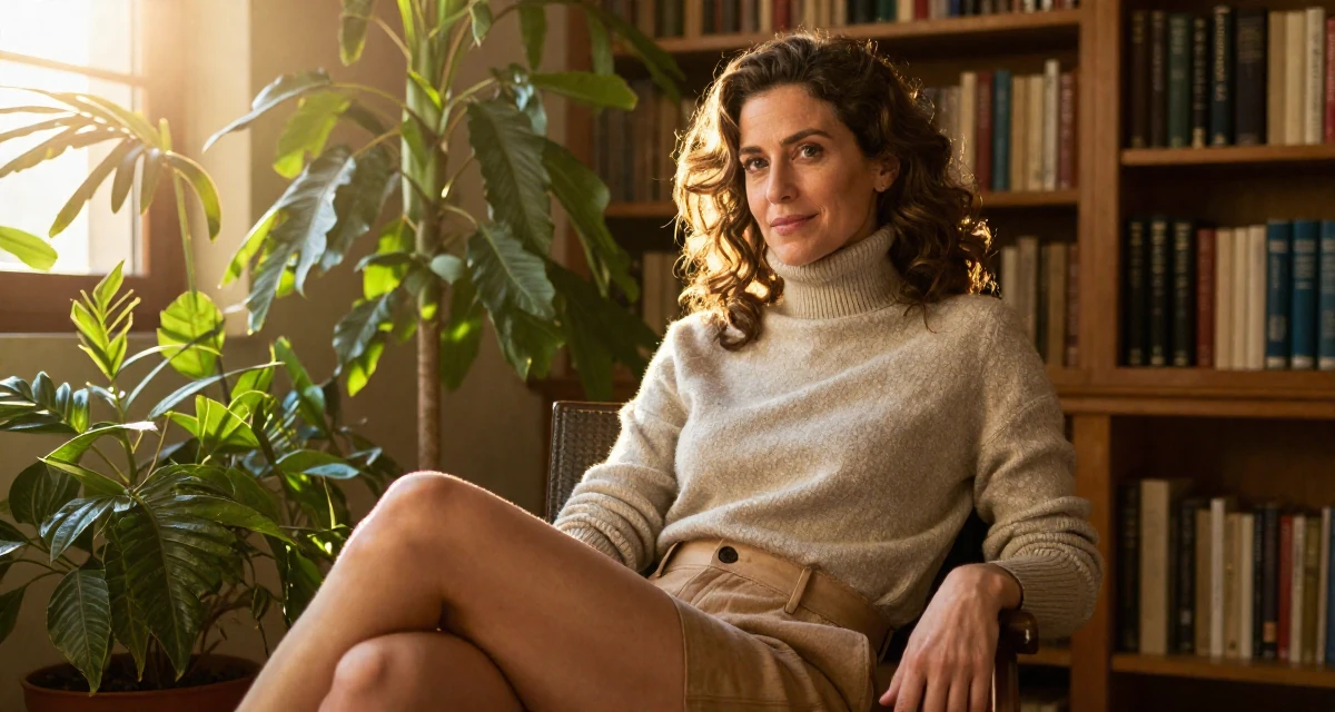 A gently amused Female From Barcelona Spain, trained in creative directing for personal content in their 35, glowing with the wisdom of experience, wearing a turtleneck sweater tucked into high-waisted shorts, pausing mid-step in a quiet library corner.