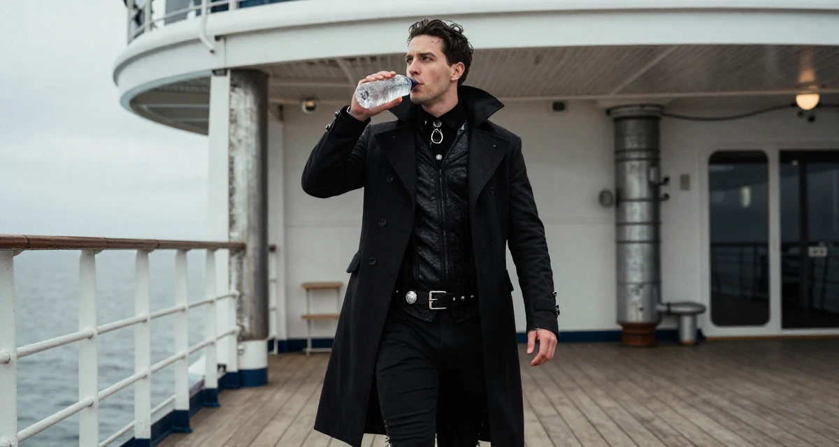 A subtly surprised male From Wellington New Zealand, majored in sociology in their 25, realizing no one teaches emotional labor in creator work, wearing a gothic vampire hunter outfit with a long coat, drinking from a water bottle in a cruise ship deck.