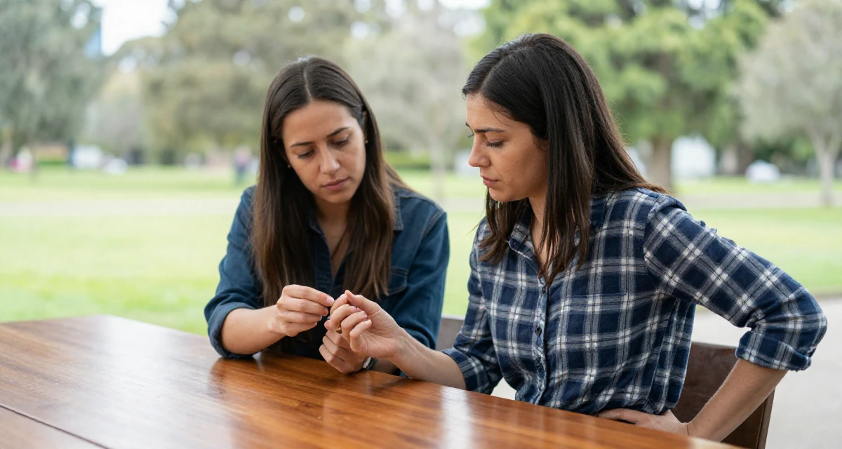 A seriously concentrated Female From Melbourne Australia, studied creative directing for social content in their 49, celebrating female friendship and support, wearing a casual plaid button-down, inspecting fingernails in a quiet park.