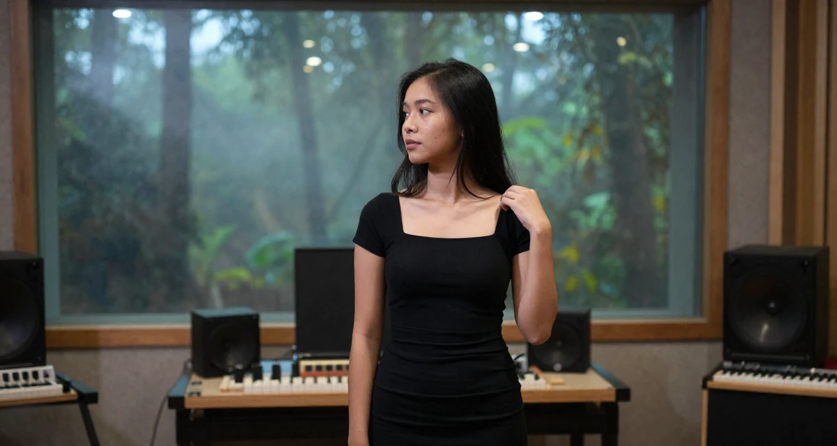 A observant Female From the Philippines, based in Davao, graduated from a communication program majoring in fan engagement dynamics in their 23, seeking spiritual grounding amidst chaos, wearing a fitted black dress with a square neckline, adjusting a shoulder strap in a music recording studio.