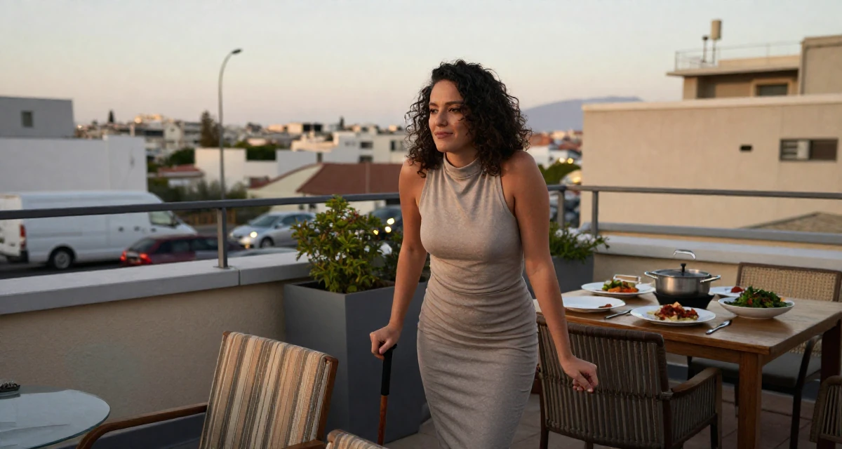 A quietly confident Female From Israel, studied behavioral economics in their 31, learning to cook gourmet meals at home, wearing a mock neck sleeveless top and a pencil skirt, watching traffic pass by in a rooftop terrace at sunset.